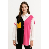 Modern Color Block Women's Blouse – Black, Fuchsia, White & Mustard