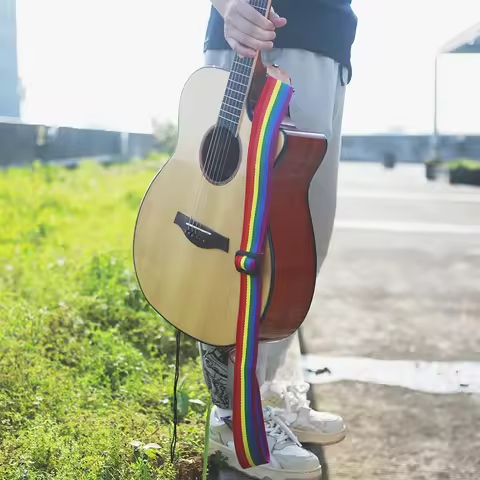 Guitar Strap with Guitar Picks and Pick Pocket Colourful Stripe Belt Guitar Shoulder Strap for Acous