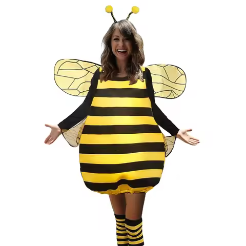 Bee Costume Adult Halloween Costume Women Bee Halloween Costumes with Wings Headband Leg Sleeves for