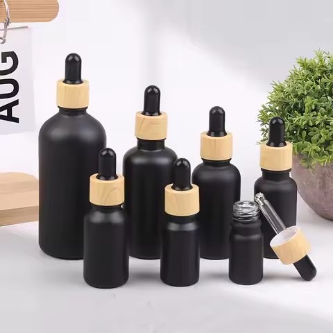 5ml-100ML Black Frosted Essential Oil Glass Bottle Wood Grain Dropper Bottle Aromatherapy Liquid Pip