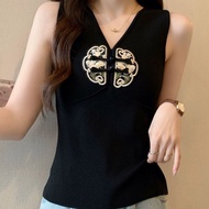 Womens short T-shirt 2026 summer V-neck new print slimming fashion sleeveless loose casual button to