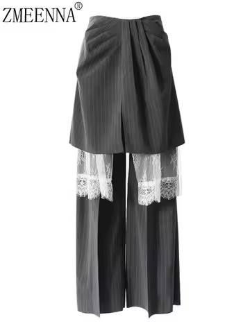 ZMEENNA Gray Stripe Patchwork Skirt Gauze Pants 2 Piece Sets For Women 2025 Spring Fashion Female Ne