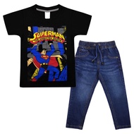 Satu set baju dan seluar panjang jeans denim / Boy Casual Cartoon Shirt and Jeans Set Kids Jeans Set