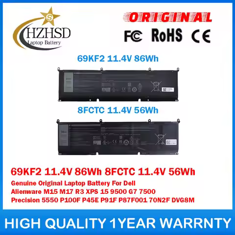 69KF2 11.4V 86Wh 8FCTC 11.4V 56Wh Genuine Original Laptop Battery For Dell Alienware M15/17 R3 XPS 1