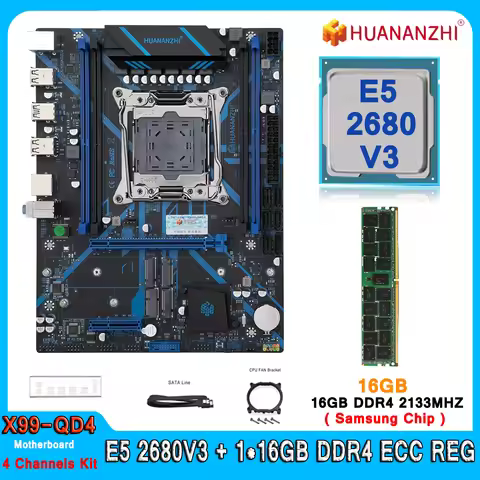 Huananzhi X99 QD4 Motherboard Set Kit With Intel LGA2011-3 Xeon E5 2680 V3 DDR4 16GB (1*16GB) 2133MH