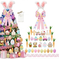 Easter Tree Decorations and Ornaments Set, Large Bunny Ear & Pink Bow Topper, LED Lights, Ribbon - H