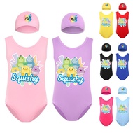 Squishy Boys Girls Swimsuit One-piece with Hat Girls Cartoon Swimsuit Swimming Cap Anime Peripheral Set