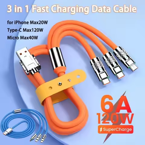 120W 3 In 1 USB Cable 6A 120W USB Cable Fast Charging Data Cord For Iphone Samsung Huawei Xiaomi Mul
