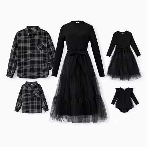 PatPat Family Matching Sets Black Plaid Shirt Elegant Ribbed Top Flowy Tulle Mesh Dress
