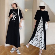 Fat mm Plus Size Women's Clothing Plus Size Trousers Medium Plus Size Plus Size 100kg Maternity Long Skirt Summer Loose Cover Belly Hidden Fat Slimmer Look Stitching T-Shirt One-Piece Dress Female F