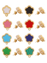 4pcs Stainless Steel Flower Stud Earrings Green Five Leaf Clover Shell Earring Base For DIY Jewelry 