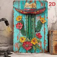 Retro Cactus Metal Tin Sign With Straw Hat | Multi-Color Floral Design | Iron Wall Decor For Indoor 
