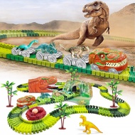 ชุดแข่งรถไดโนเสาร์ของเล่นรางรถไฟยืดหยุ่นได้ Mainan Edukasi Mobil แสงแฟลชทางรถไฟสำหรับเป็นของขวัญเด็ก