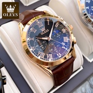 OLEVS Men Watch Jam Tangan Lelaki Kalis Air Arloji Jenama Brown Leather Chronograph Moon Phase S-G28