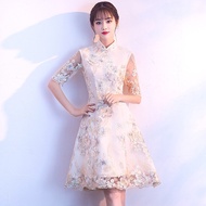 Formal Evening Dress For Women Champagne Chinese Glamorous Colorful Flower Pattern Female Short Gown