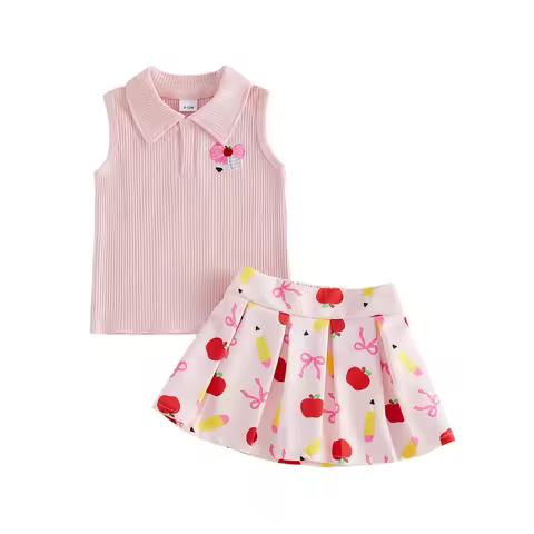 Pudcoco Toddler Girls Summer 2 Piece Outfits Embroidery Ribbed Lapel Tank Tops and Apple Pencil Prin