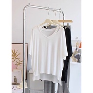 Design Niche V-Neck Ripped Clavicle Short-Sleeved T-Shirt Loose Lazy Solid Color Half-Sleeved Top Bo