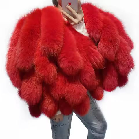 YOLOAgain Women's Red Real Fox Fur Shawl Fox Fur Jacket Colorful