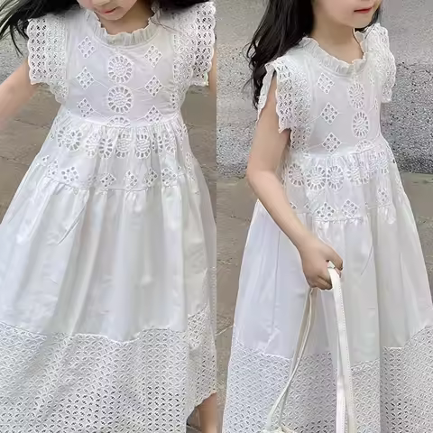 summer new teen girls 100% cotton White Dress, 4-6-7-13 14+ junior kids Hollow Princess dresses chil