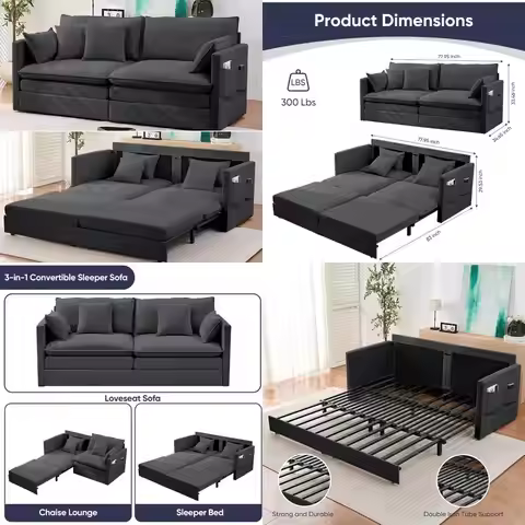 King Size Velvet Sleeper Sofa with Pull Out Bed, 78 Inch 3-in-1 Convertible Couch, Pillows & Side Po