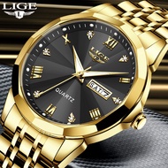 LIGE นาฬิกาสำหรับผู้ชายหรูหราหน้าปัดเพชรปฏิทินธุรกิจนาฬิกาข้อมือชายสายสแตนเลสนาฬิกากันน้ำ R Eloj Hombre