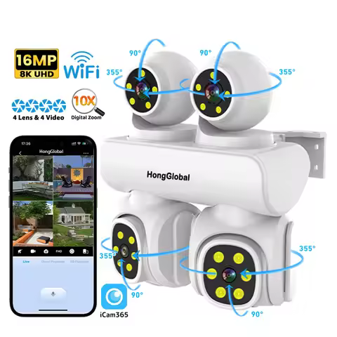HongGlobal 16MP Outdoor 360 Degree IP Wireless Camera ICam365 8K Monitor WiFi 4 Lenses CCTV Network 