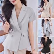 Esolo ZANZEA Korean Style Women Formal Office Work Blazer Lapel Short Sleeve Outwear Double Breasted Jacket KRS #10
