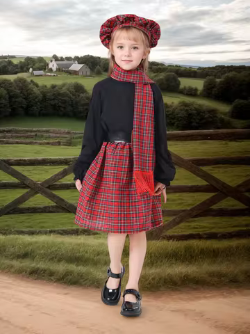 Kids Scottish Traditional Costume Red Plaid Skirt Beret Scarf Set for Halloween Party