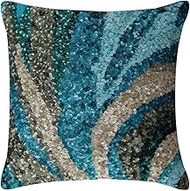 The HomeCentric Light Blue Shams, Sequins Sea Waves Ocean &amp; Beach Theme Cushion Shams, Pack of 2, 60x60 cm (24"x24") Cushion Sham, Square Silk Shams, Art Deco Cushion Shams, Striped - Waves Are Scenic