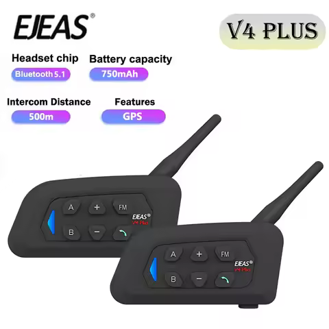 EJEAS V4 Plus Motorcycle Helmet Bluetooth Headset Intercom Wireless IP65 Waterproof GPS FM Radio Gro