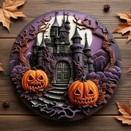 CIFbuy 7.87x7.87 Inch Halloween Castle & Pumpkin Aluminum Wall Plate, Indoor/Outdoor Decor