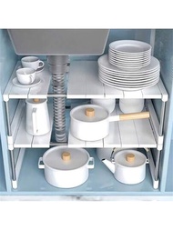 1入組/個炒鍋掛架,1/2層不銹鋼可伸縮水槽架,多功能鍋子收納架,適用於櫥櫃,檯面,架子,廚房,浴室和臥室,白色,家庭收納用品