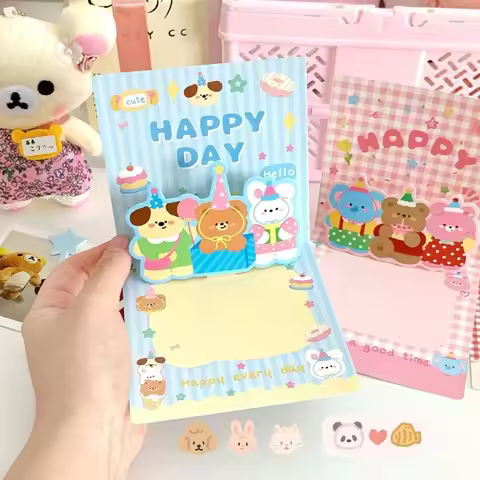 Pop Up Style 3D Birthday Card 3D Stereoscopic Cute Animal Postcard Cartoon Design Handwritten Style