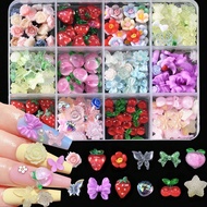 12-Grid 3D Fruit And Flower Nail Art Charms Set,12 Grids Multicolor Cartoon Cute Flower,Cherry,Straw