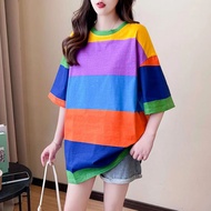 Women Short Sleeve Loose T Shirt Ladies Round Neck Top Tee Woman Stripe Long T-Shirt Plus Size M-XXL