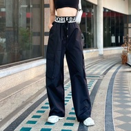 กางเกงคาร์โก้ผู้หญิง กางเกงยีนเอวสูง  ขายาว เอวสูงทรงสตรีท เอว26สะโพก 42 นิ้ว K00