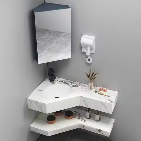 Triangular Wash Basin Corner Bathroom Vanity Sink Combo for Small Space Storage Cabinet with White B