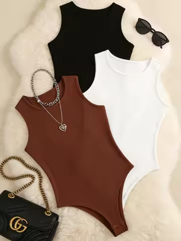 Women 3 Pack Solid Ribbed Round Neck Bodysuit Casual Sleeveless Form Fitting One Piece Bodysuit Set