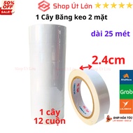 Băng keo 2 mặt rộng 2.4cm dài 25 mét mỗi cuộn lõi giấy 3mm - 1 cây có 12 cuộn