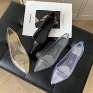 Young Pointed Jelly Shoes for Women Crystal Transparent PVC Shoes Flats Topsider Shoes for Ladies