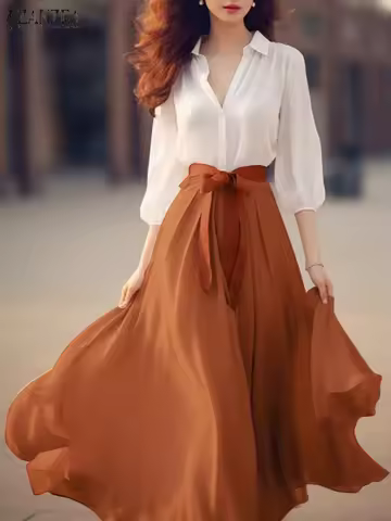 ZANZEA Holiday Office Chiffon Dress Women Colorblock Maxi Dresses Vintage V-neck Vestidos 2025 Summe