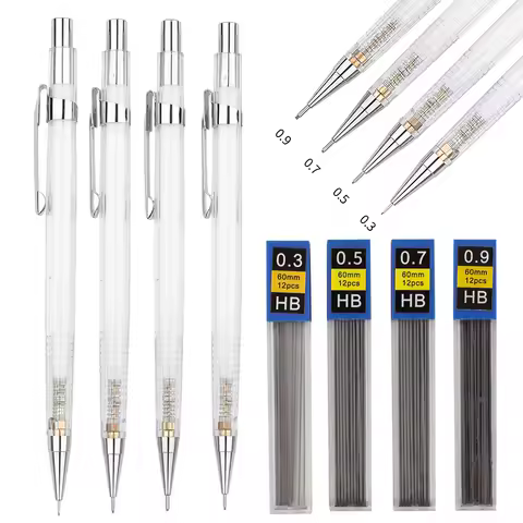 Transparent Mechanical Pencil Set 0.3, 0.5, 0.7 0.9mm with HB Lead Refills for Sketching Art Drawing