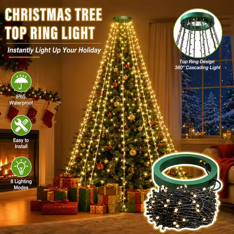 EU LED Ring Christmas Tree String Lights 8 Modes Waterfall String String Waterproof for Garden Patio