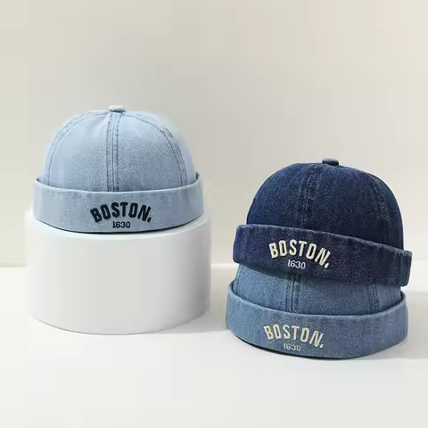 Blue Denim Melon Cap Baby Dome Brimless Hat 1-3Y Children Beanie Drawstring Bonnet Fashion Kids Land