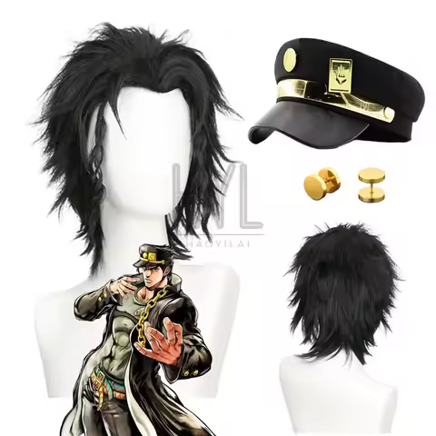 Anime JOJO Jotaro Kujo Cosplay Wig Black Short Synthetic Hair Hat Earrings For Women Men Halloween C