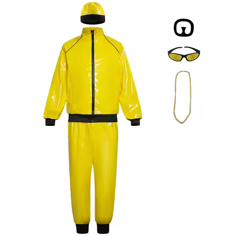 Mens Retro 70s Disco Costume Yellow PU Leather Coat Pants Hat Accessories Outfit Jazz Rapper Suit fo