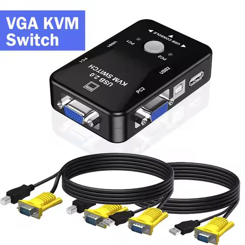 2-Port VGA KVM Switch 2 in 1 out with Cables 1080P VGA USB KVM Selector 4x1 for 4 PC Share Monitor K