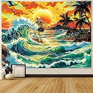 Dermijer Skull Tapestry Trippy Skeleton Tapestries Hippie Sun Aesthetic Tapestry Surfing Great Wave