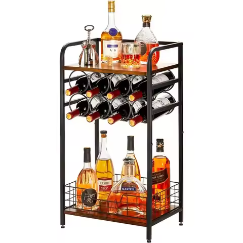3-Tier Wine Bar Table:Small Liquor Bottle Holder 8-Bottle Wine Rack Mini Cabinet Corner Whiskey Disp