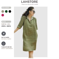 LAHSTORE raw linen dress with loose sleeves and collared shirt, youthful and luxurious DS01 (Moss Gr